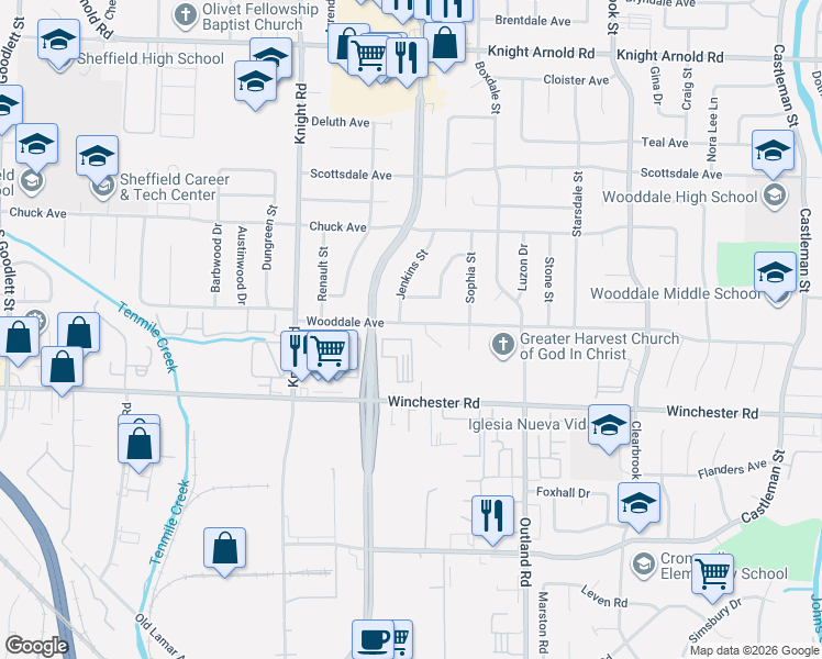 map of restaurants, bars, coffee shops, grocery stores, and more near 4748 Wooddale Avenue in Memphis