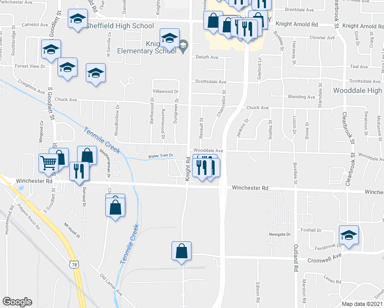 map of restaurants, bars, coffee shops, grocery stores, and more near 4611 Wooddale Avenue in Memphis