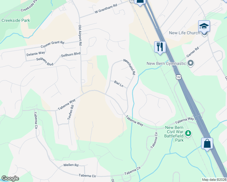 map of restaurants, bars, coffee shops, grocery stores, and more near 216 Neuchatel Court in New Bern