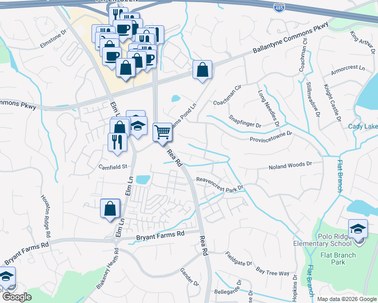 map of restaurants, bars, coffee shops, grocery stores, and more near 11406 Nevermore Way in Charlotte