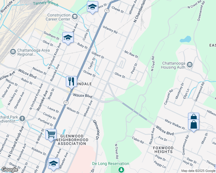 map of restaurants, bars, coffee shops, grocery stores, and more near 1612 North Chamberlain Avenue in Chattanooga