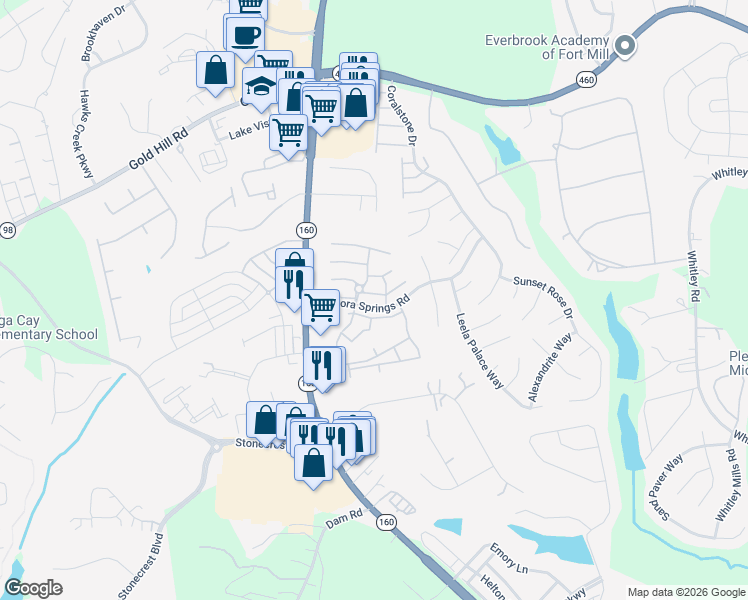 map of restaurants, bars, coffee shops, grocery stores, and more near 108 Chimney Rock Lane in Fort Mill