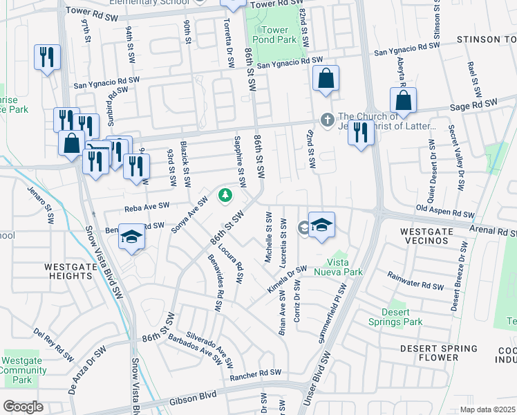 map of restaurants, bars, coffee shops, grocery stores, and more near 8508 Sapphire Street Southwest in Albuquerque
