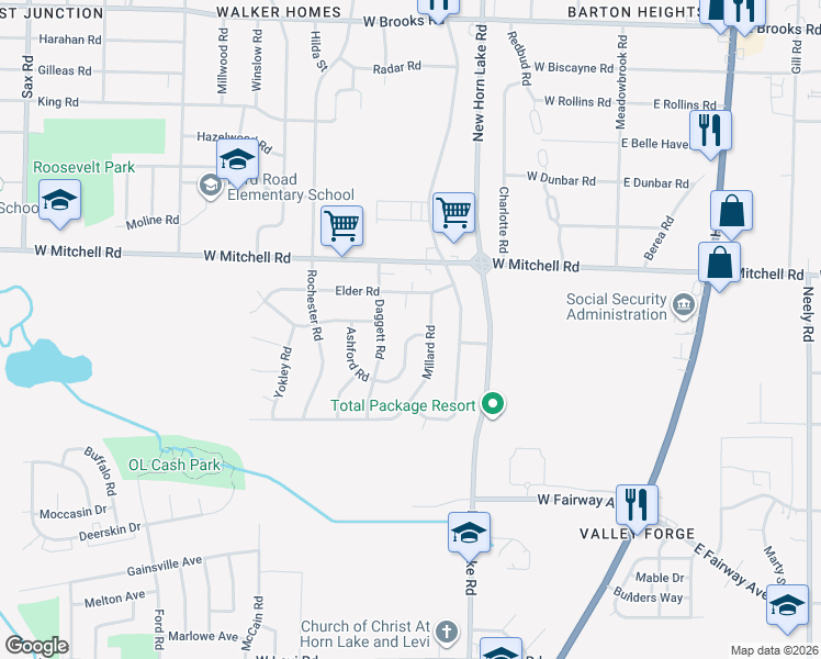 map of restaurants, bars, coffee shops, grocery stores, and more near 3501 Brantley Road in Memphis