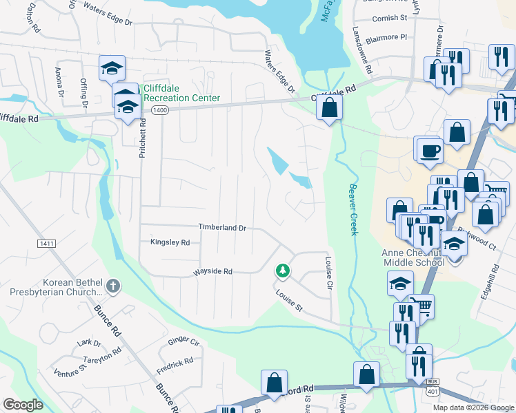 map of restaurants, bars, coffee shops, grocery stores, and more near 6310 Lynette Circle in Fayetteville