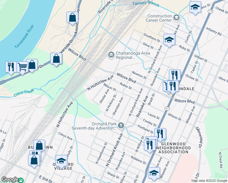 map of restaurants, bars, coffee shops, grocery stores, and more near 1712 Wilson Street in Chattanooga