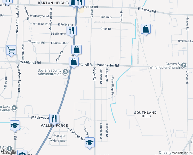 map of restaurants, bars, coffee shops, grocery stores, and more near 3483 Southland Street in Memphis