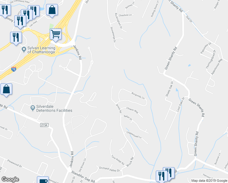 map of restaurants, bars, coffee shops, grocery stores, and more near 4098 Brock Road in Chattanooga