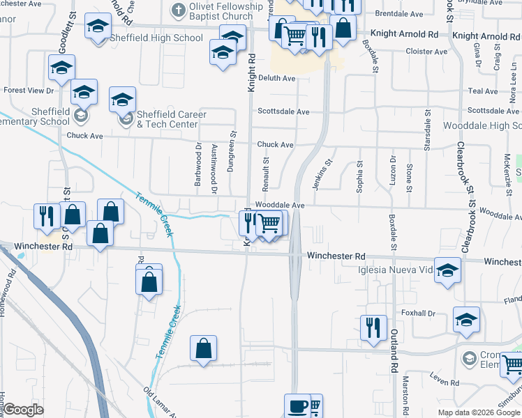 map of restaurants, bars, coffee shops, grocery stores, and more near 4611 Wooddale Avenue in Memphis
