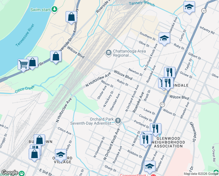 map of restaurants, bars, coffee shops, grocery stores, and more near 1706 Wilson Street in Chattanooga