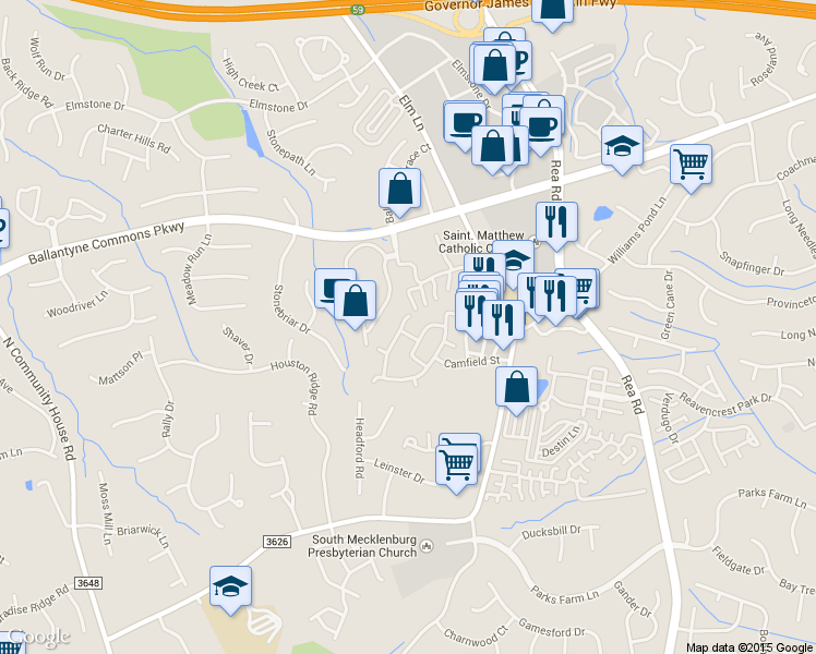 map of restaurants, bars, coffee shops, grocery stores, and more near 8825 Scotch Heather Way in Charlotte
