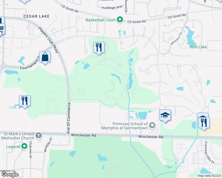 map of restaurants, bars, coffee shops, grocery stores, and more near 3511 Windgarden Cove in Memphis