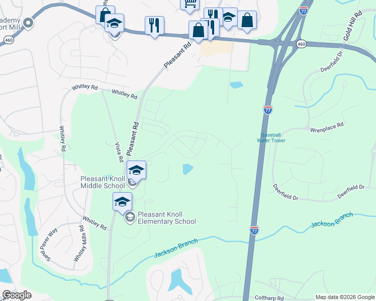 map of restaurants, bars, coffee shops, grocery stores, and more near 2131 Vista Road in Fort Mill