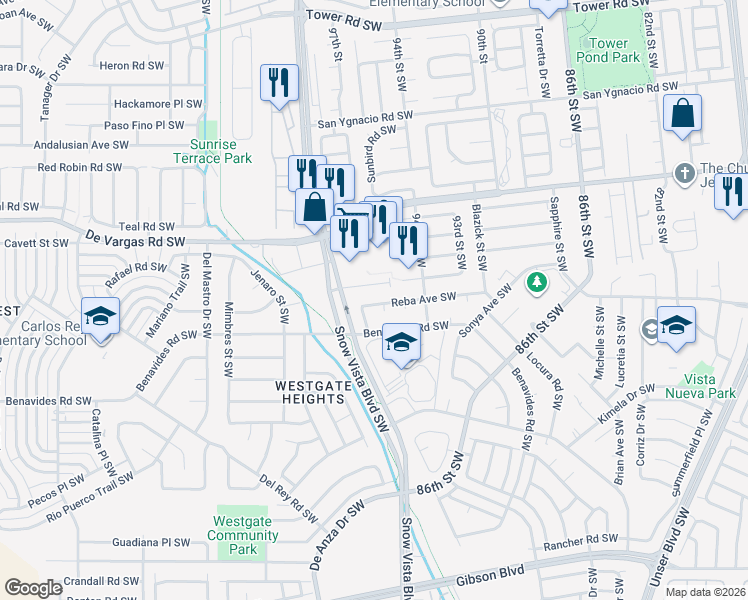 map of restaurants, bars, coffee shops, grocery stores, and more near 9601 Reba Avenue Southwest in Albuquerque