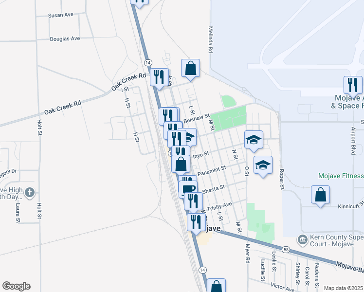 map of restaurants, bars, coffee shops, grocery stores, and more near 15957 K Street in Mojave