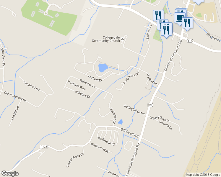 map of restaurants, bars, coffee shops, grocery stores, and more near 4408 Forsythia Way in Ooltewah