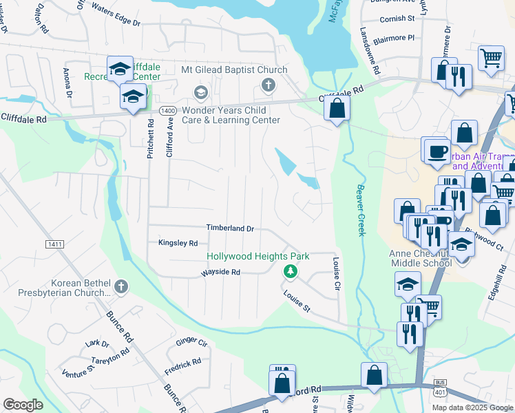 map of restaurants, bars, coffee shops, grocery stores, and more near 6309 Lynette Circle in Fayetteville