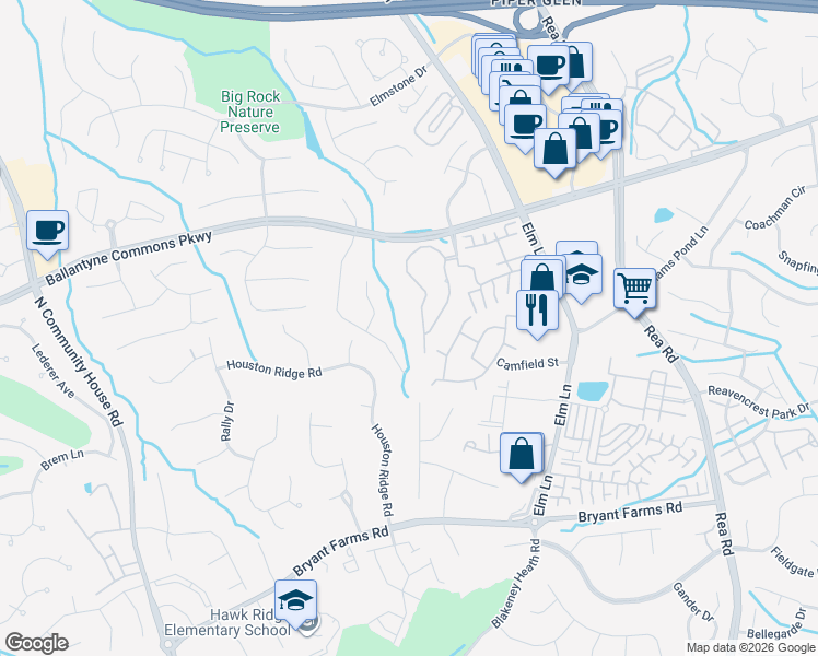map of restaurants, bars, coffee shops, grocery stores, and more near 10993 Foxhaven Drive in Charlotte