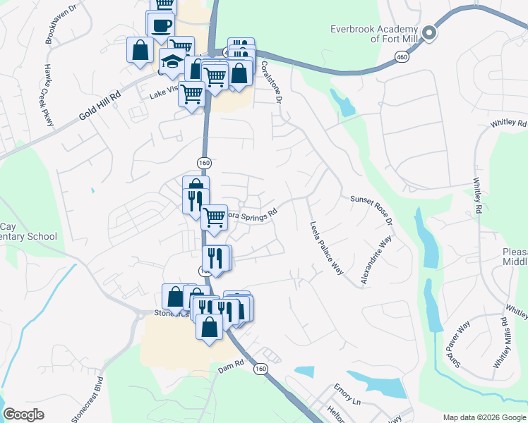 map of restaurants, bars, coffee shops, grocery stores, and more near 218 Dawn Mist Lane in Fort Mill