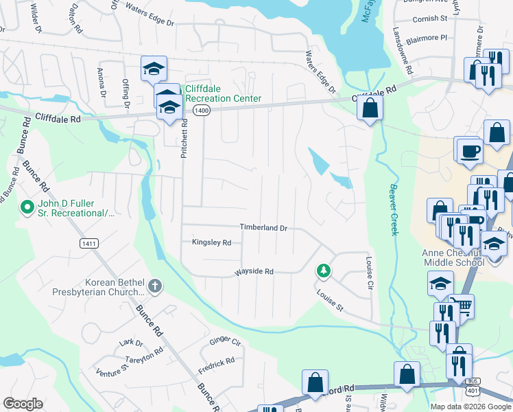 map of restaurants, bars, coffee shops, grocery stores, and more near 6309 Glenlea Circle in Fayetteville