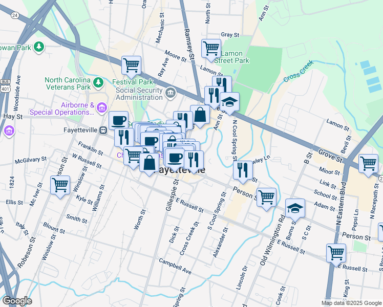 map of restaurants, bars, coffee shops, grocery stores, and more near in Fayetteville