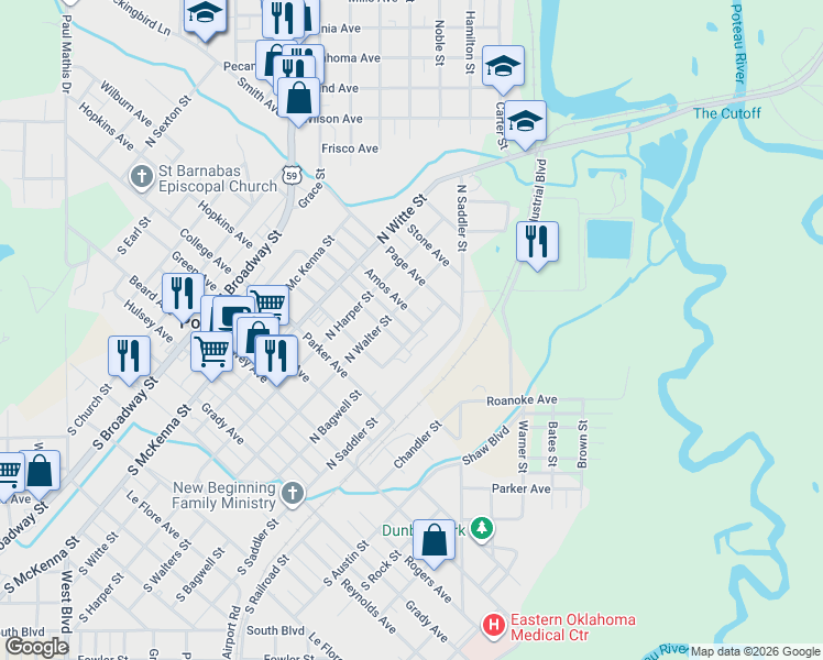 map of restaurants, bars, coffee shops, grocery stores, and more near 507 North Bagwell Street in Poteau