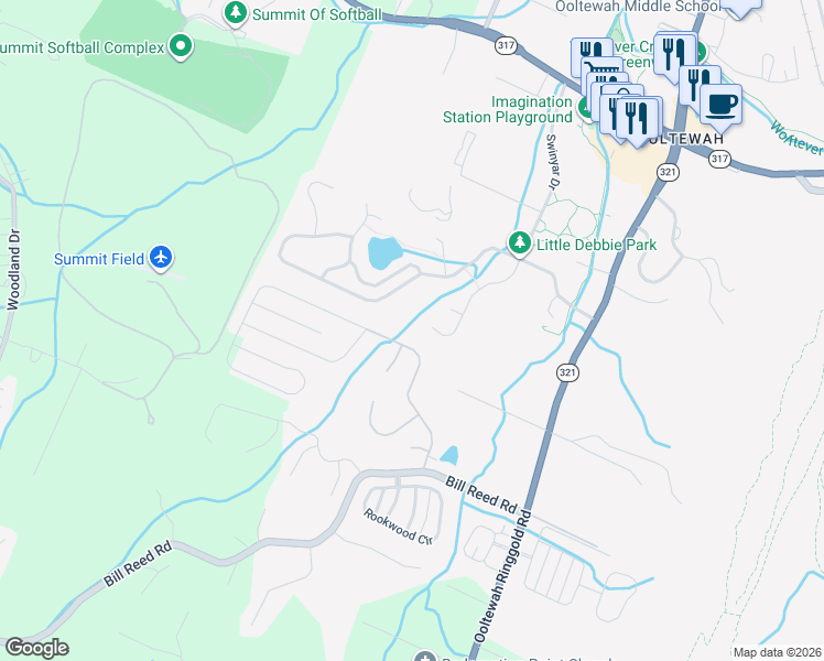 map of restaurants, bars, coffee shops, grocery stores, and more near 4408 Forsythia Way in Ooltewah