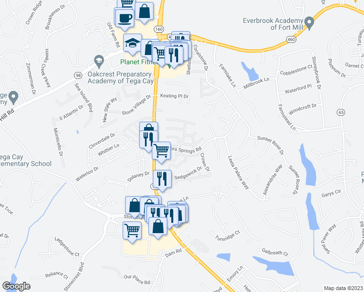 map of restaurants, bars, coffee shops, grocery stores, and more near 108 Chimney Rock Lane in Fort Mill