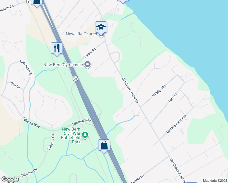map of restaurants, bars, coffee shops, grocery stores, and more near 3217 Old Cherry Point Road in New Bern