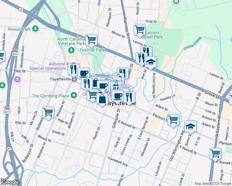 map of restaurants, bars, coffee shops, grocery stores, and more near 126 Hay Street in Fayetteville