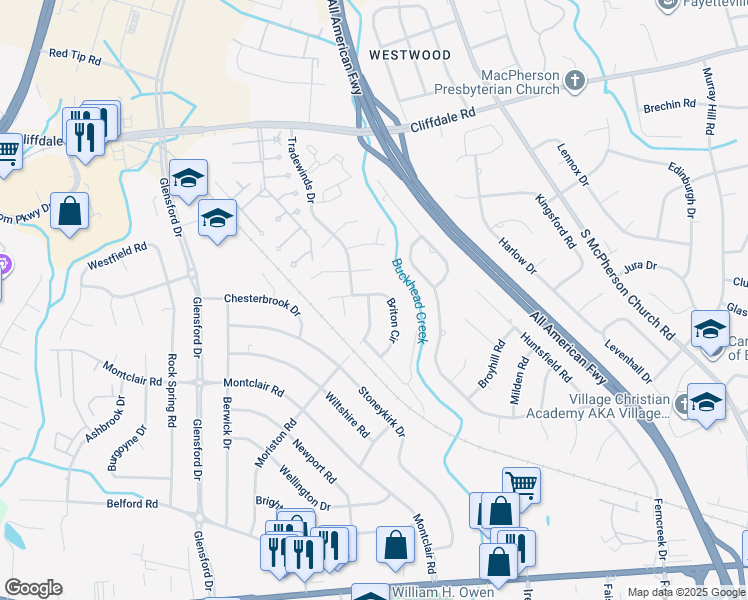 map of restaurants, bars, coffee shops, grocery stores, and more near 4463 Briton Circle in Fayetteville