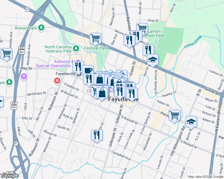 map of restaurants, bars, coffee shops, grocery stores, and more near 230 Hay Street in Fayetteville