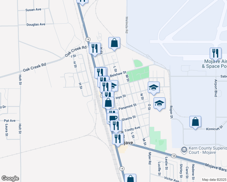 map of restaurants, bars, coffee shops, grocery stores, and more near 15957 K Street in Mojave
