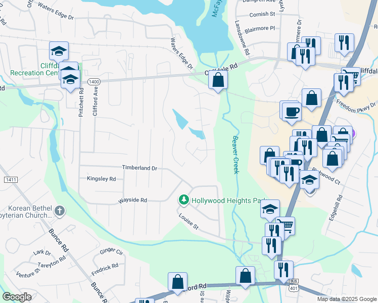 map of restaurants, bars, coffee shops, grocery stores, and more near 3139 Wisteria Lane in Fayetteville