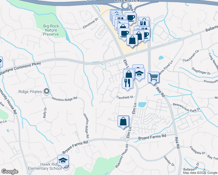 map of restaurants, bars, coffee shops, grocery stores, and more near 8825 Scotch Heather Way in Charlotte