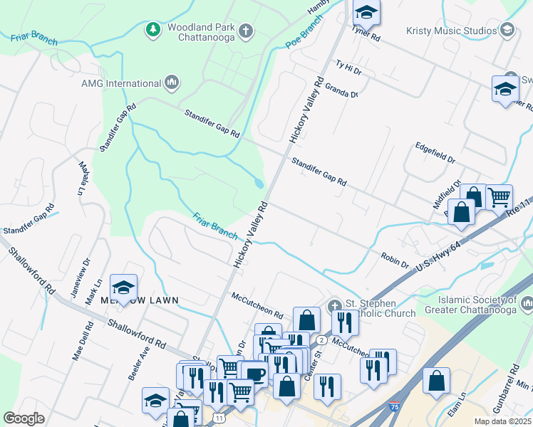 map of restaurants, bars, coffee shops, grocery stores, and more near 2462 Hickory Valley Road in Chattanooga