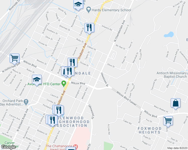 map of restaurants, bars, coffee shops, grocery stores, and more near 1603 Wheeler Avenue in Chattanooga