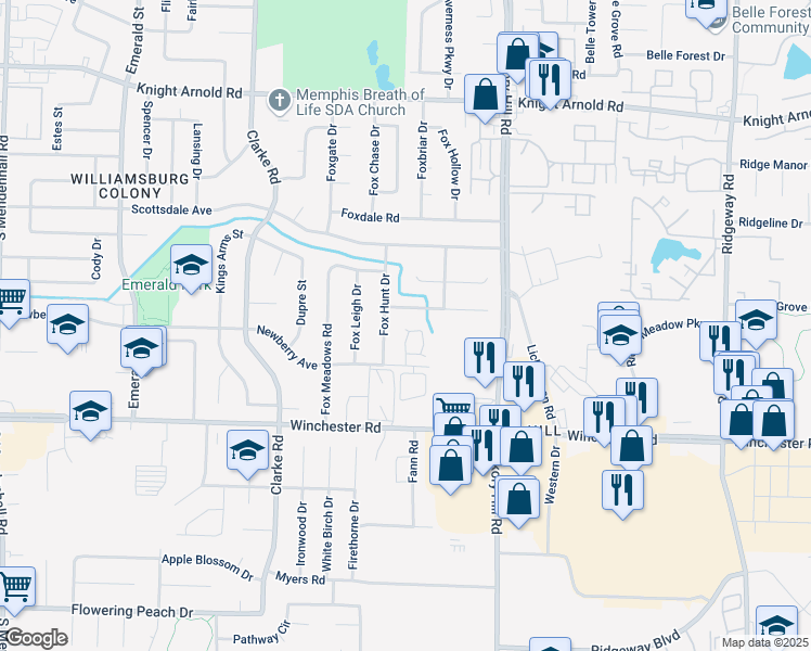 map of restaurants, bars, coffee shops, grocery stores, and more near 5822 North Newberry Lane in Memphis