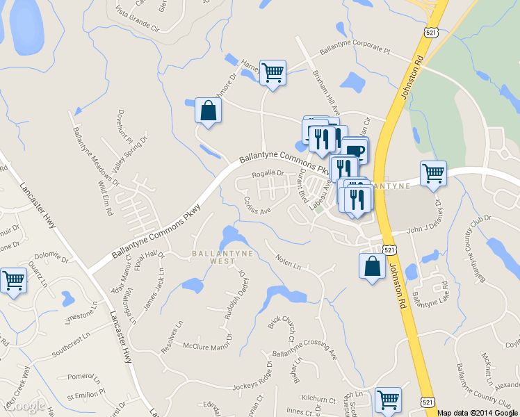 map of restaurants, bars, coffee shops, grocery stores, and more near 11502 Corliss Avenue in Charlotte