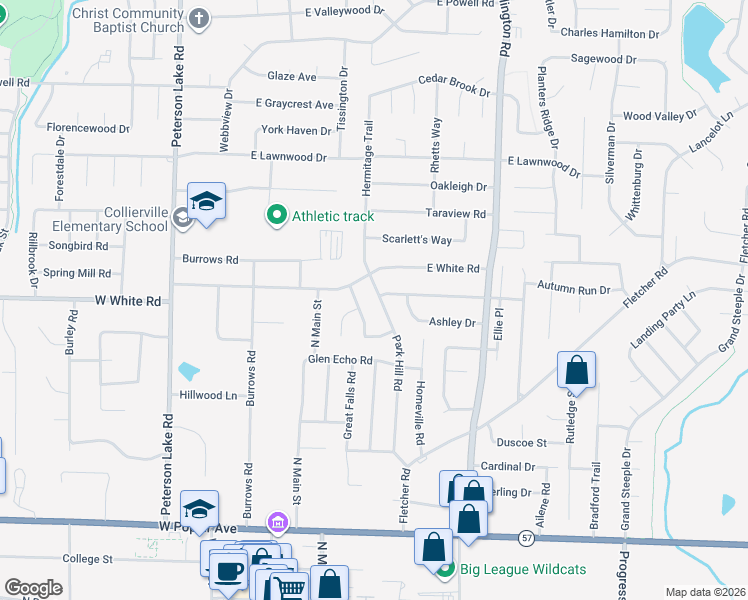 map of restaurants, bars, coffee shops, grocery stores, and more near 503 Park Hill Road in Collierville