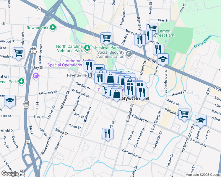 map of restaurants, bars, coffee shops, grocery stores, and more near 325 Hay Street in Fayetteville