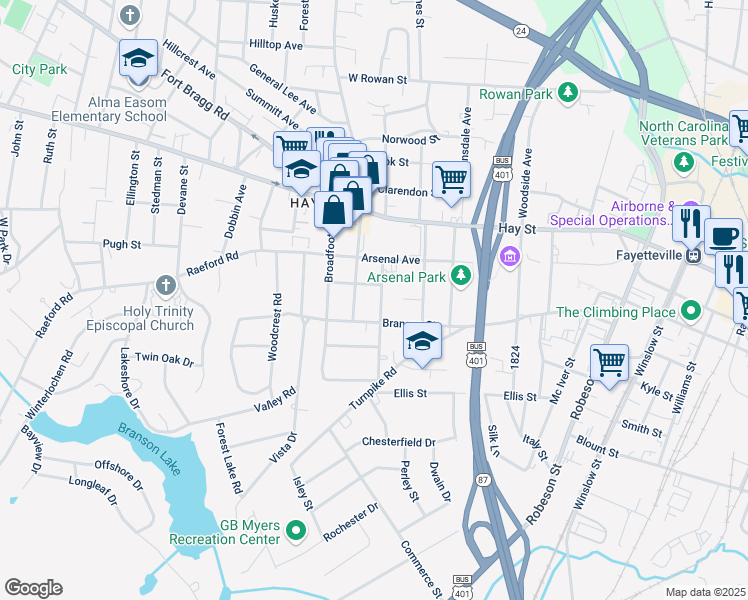 map of restaurants, bars, coffee shops, grocery stores, and more near 308 Bryan Street in Fayetteville