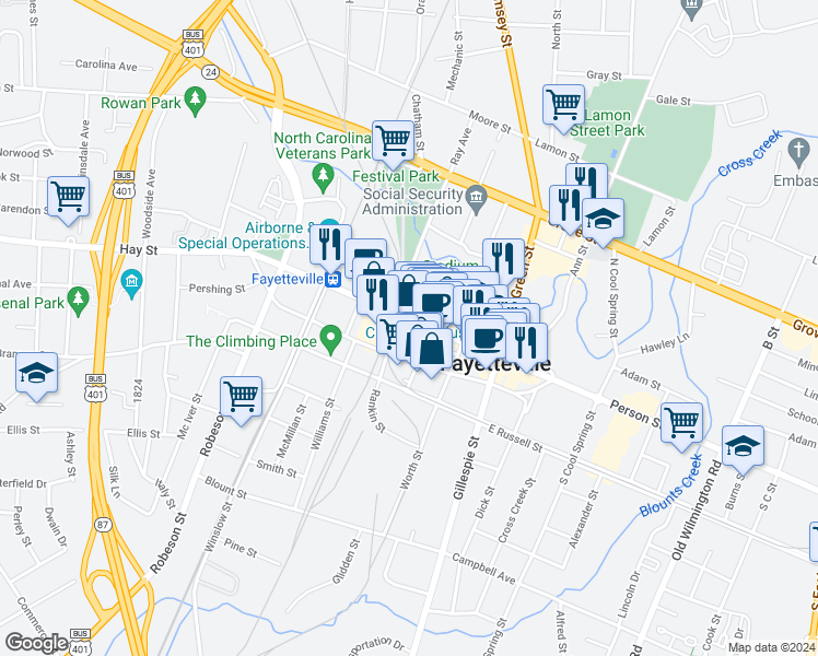 map of restaurants, bars, coffee shops, grocery stores, and more near 325 Hay Street in Fayetteville
