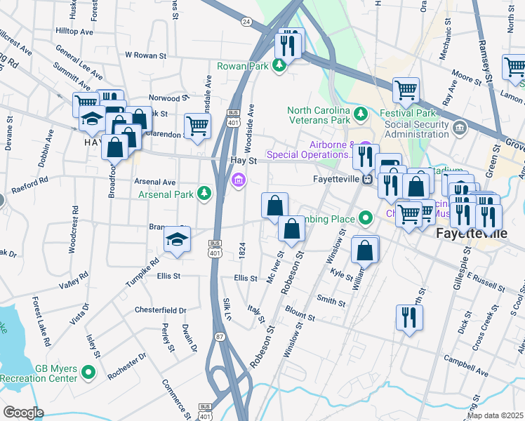 map of restaurants, bars, coffee shops, grocery stores, and more near 212 Fountainhead Lane in Fayetteville