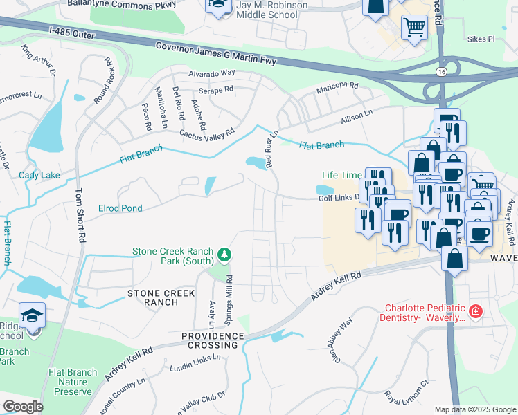 map of restaurants, bars, coffee shops, grocery stores, and more near 8037 Cornhill Avenue in Charlotte