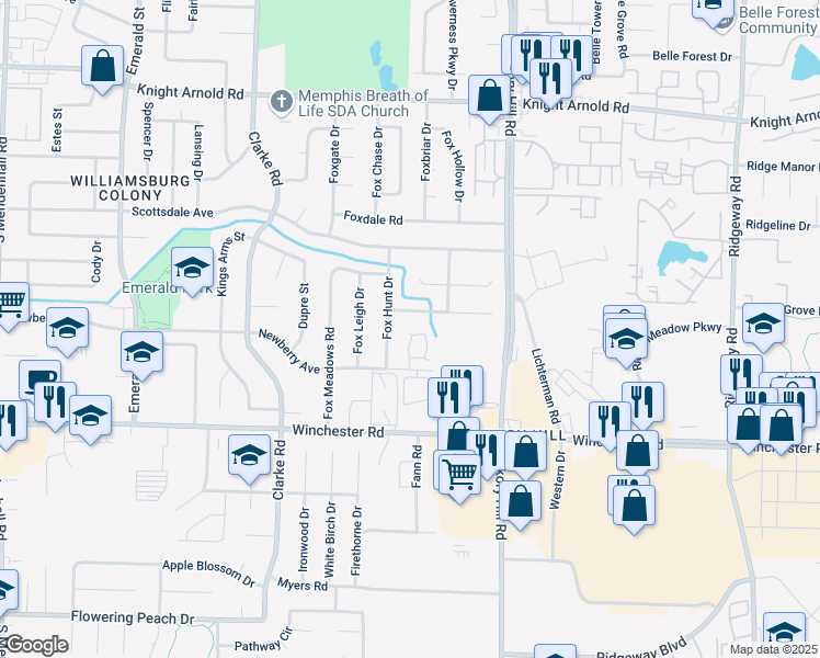 map of restaurants, bars, coffee shops, grocery stores, and more near 5822 North Newberry Lane in Memphis