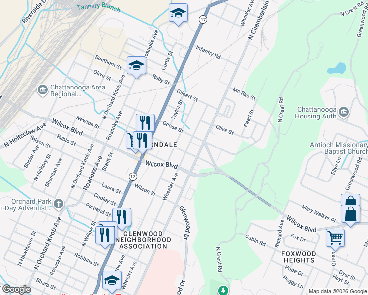 map of restaurants, bars, coffee shops, grocery stores, and more near 1603 Wheeler Avenue in Chattanooga