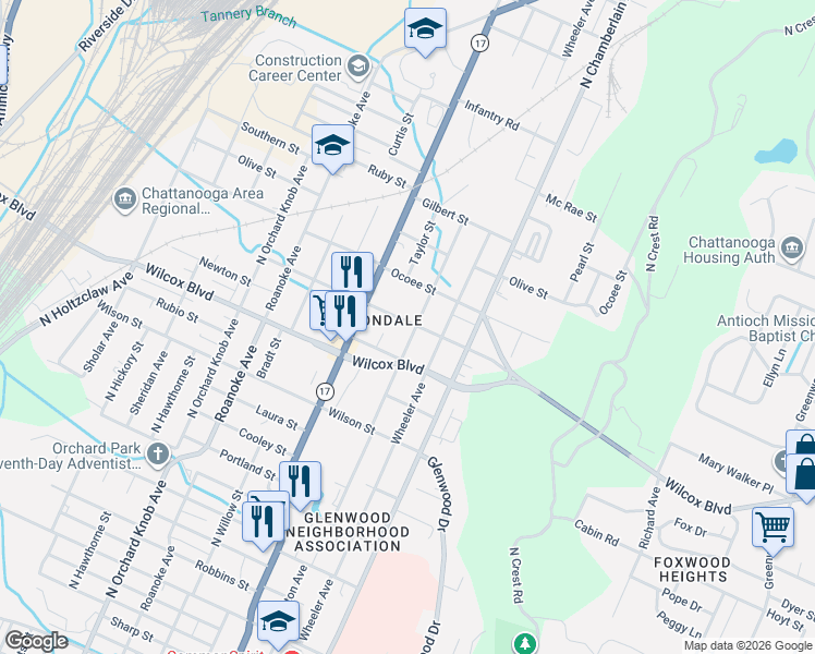 map of restaurants, bars, coffee shops, grocery stores, and more near 1515 Arlington Avenue in Chattanooga