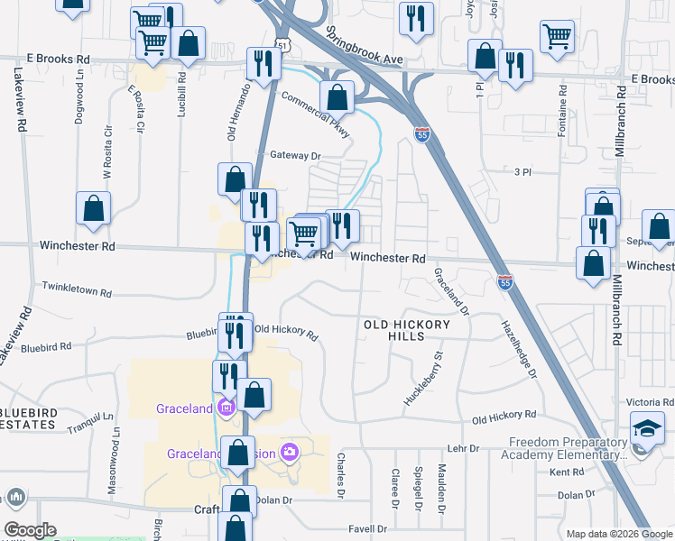 map of restaurants, bars, coffee shops, grocery stores, and more near 1287 Winchester Road in Memphis
