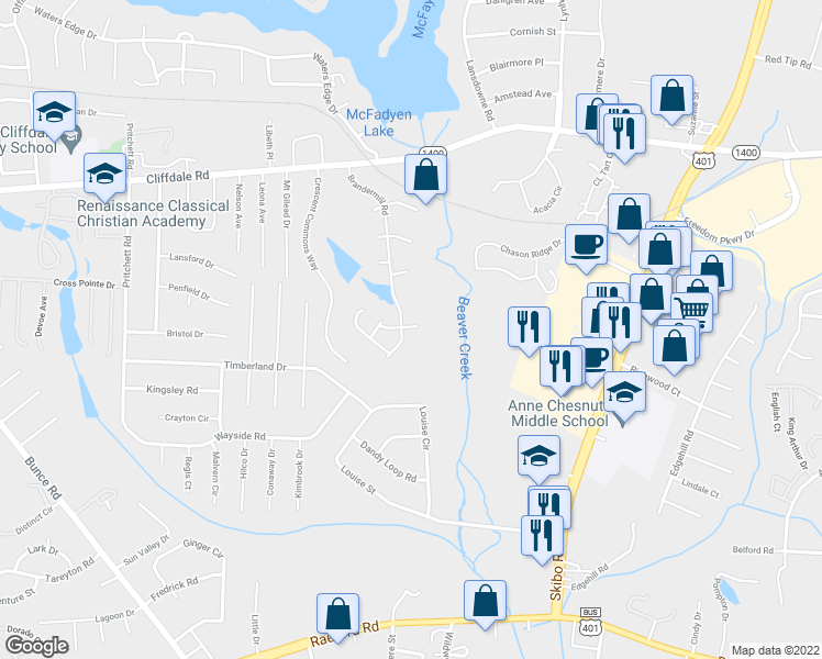 map of restaurants, bars, coffee shops, grocery stores, and more near 649 Brandermill Road in Fayetteville